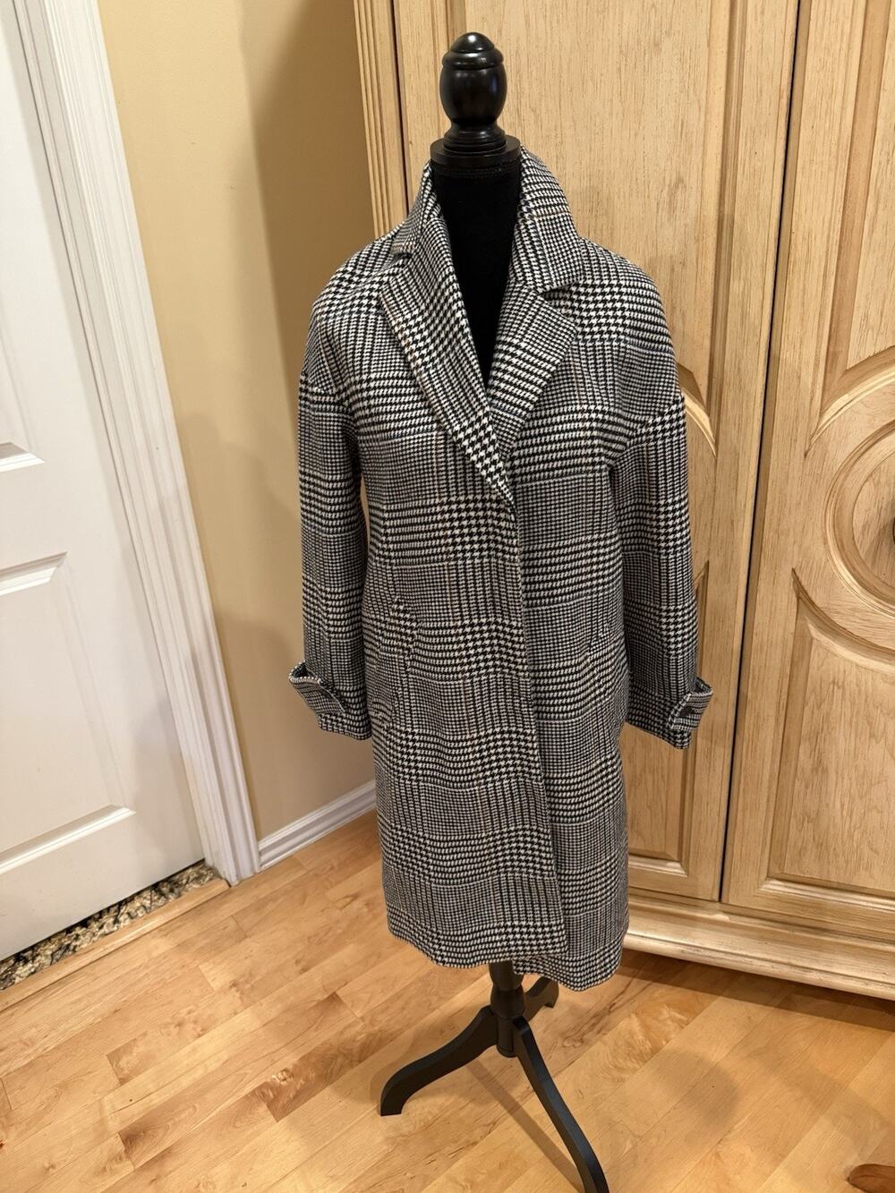 ZARA TRF WOOL BLEND COAT BLACK CHECK LAPEL COLLAR WOMEN'S SIZE S NWT